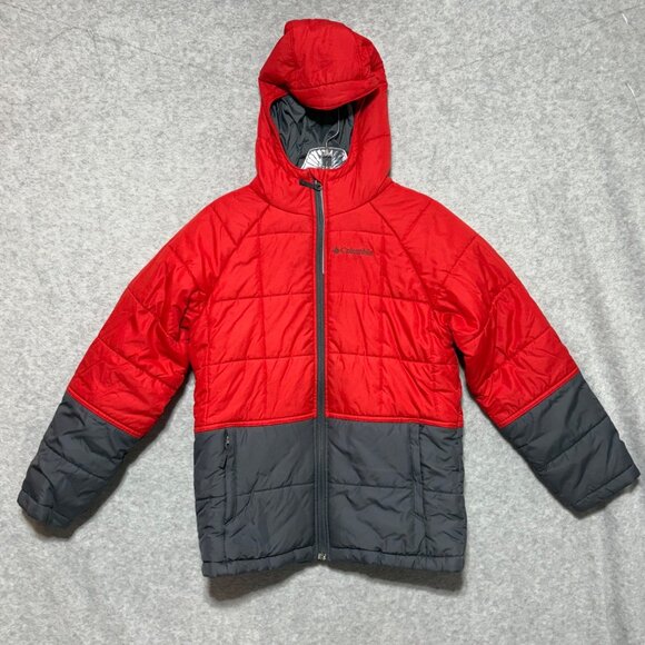 Columbia Boys Jacket Size M (10/12) Red Gray Hooded Insulated Winter - Picture 1 of 9